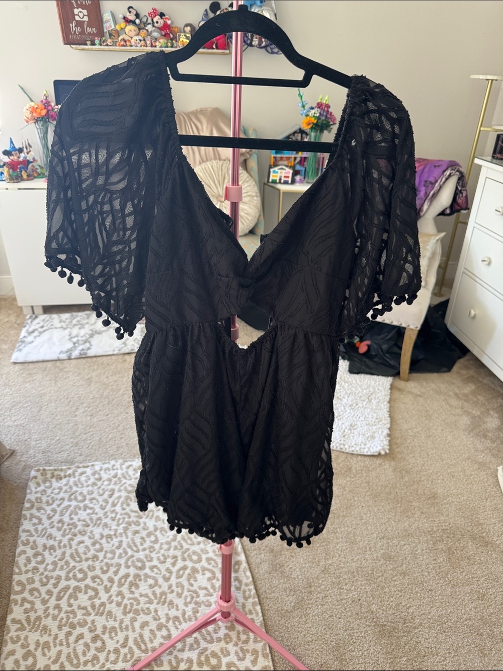Black Pom-Trim Lace Romper with Cutout Back
